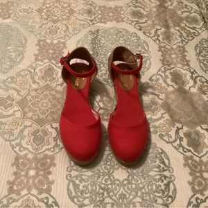 Red Women's Ankle Strap Espadrille Wedges with heel peep hole. Made in Spain.